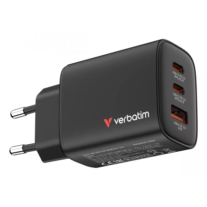 Verbatim Essentials GaN-oplader 65W EU-stekker zwart, binnen, AC, 20 V, zwart