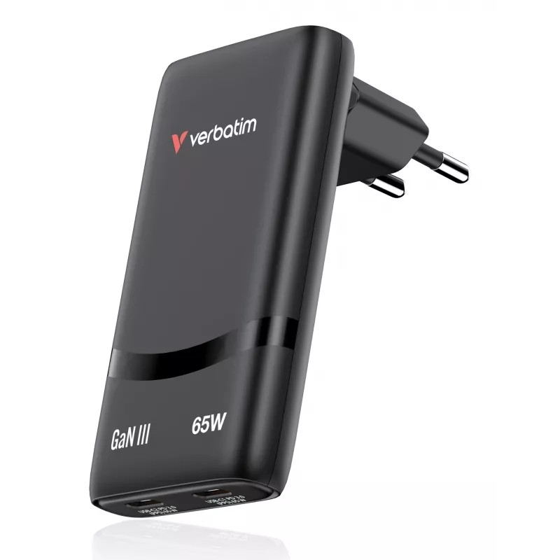 Verbatim Fold 'n' Go GaN-oplader 65W EU-stekker zwart, binnen, AC, 20 V, zwart