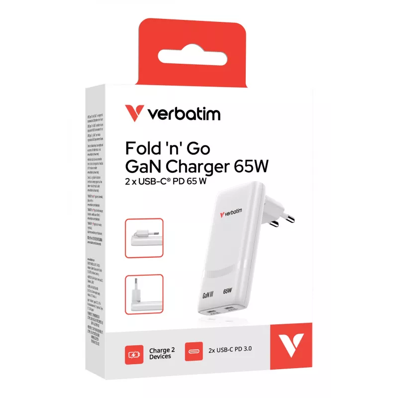 Verbatim Fold 'n' Go GaN-oplader 65W EU-stekker wit