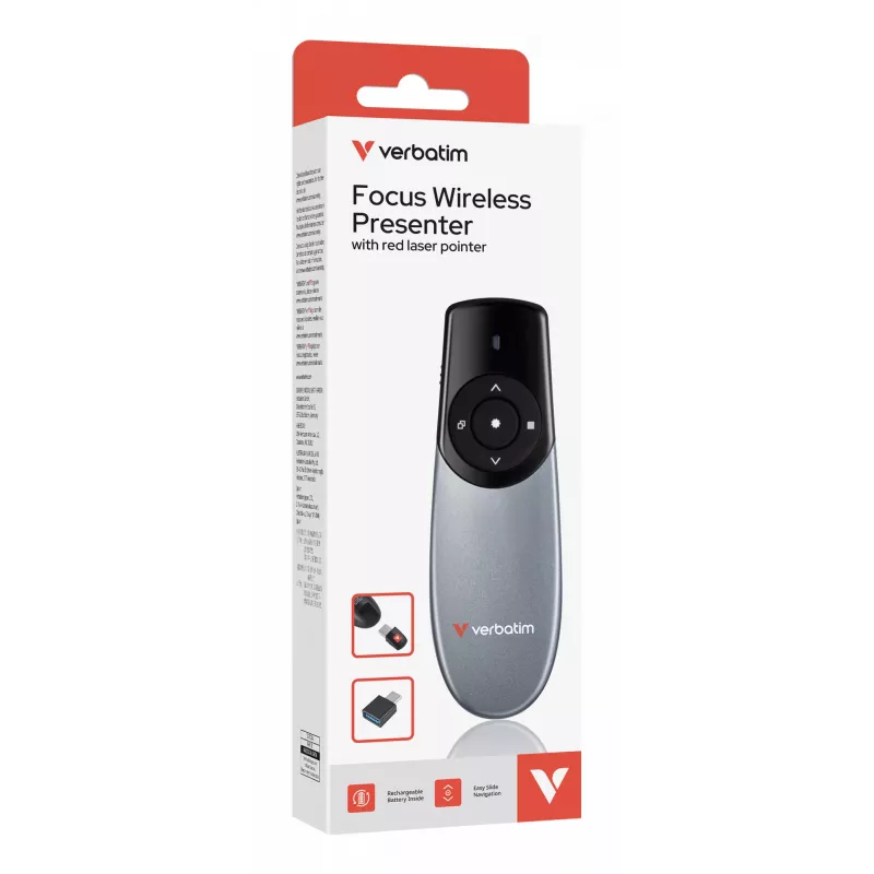 Verbatim Focus draadloze presenter met rode laserpointer, RF, USB, 30 m, zwart, zilver