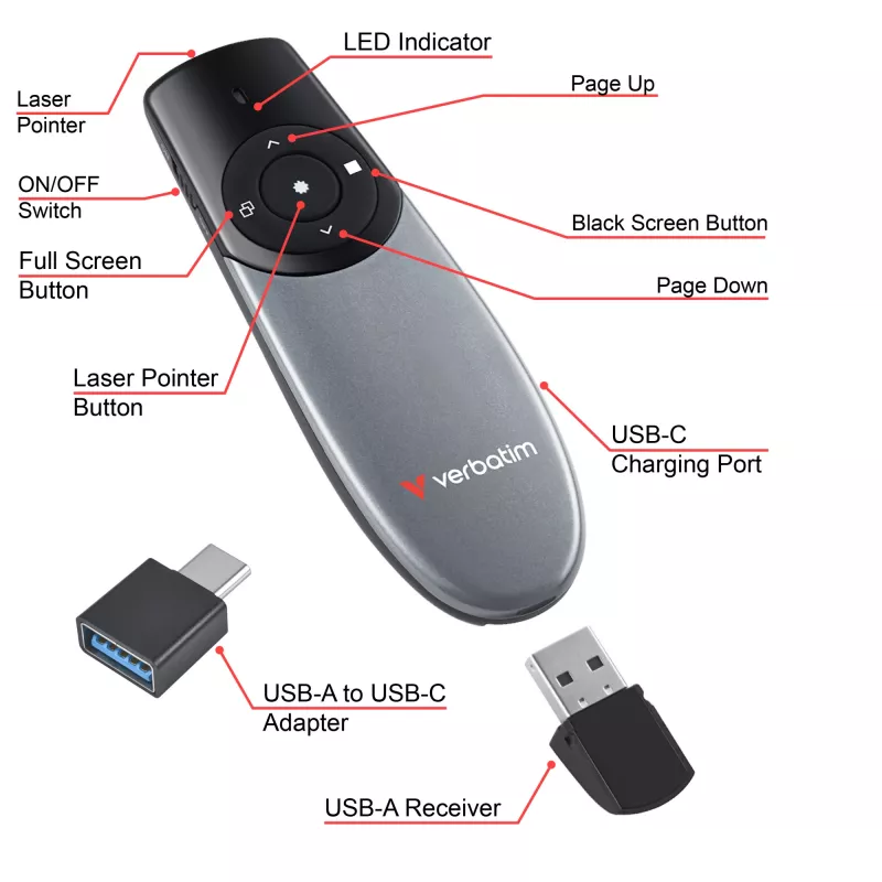 Verbatim Focus draadloze presenter met rode laserpointer, RF, USB, 30 m, zwart, zilver
