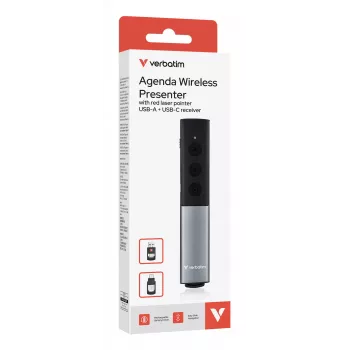 Verbatim Agenda draadloze presenter met rode laserpointer, RF, USB, 100 m, zwart, zilver