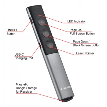 Verbatim Agenda draadloze presenter met rode laserpointer, RF, USB, 100 m, zwart, zilver