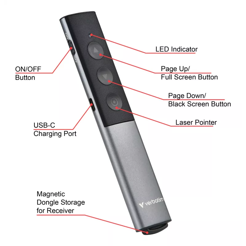 Verbatim Agenda draadloze presenter met rode laserpointer, RF, USB, 100 m, zwart, zilver