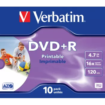 Verbatim DVD+R Wide Inkjet Printable ID Brand, DVD+R, 120 mm, bedrukbaar, jewel case, 10 st., 4,7 GB