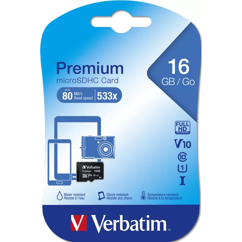 MicroSDHC Verbatim Premium 16 GB Klasse 10 zwart 44010