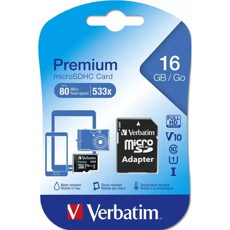 MicroSDHC Verbatim Premium 16 GB Class 10 zwart
