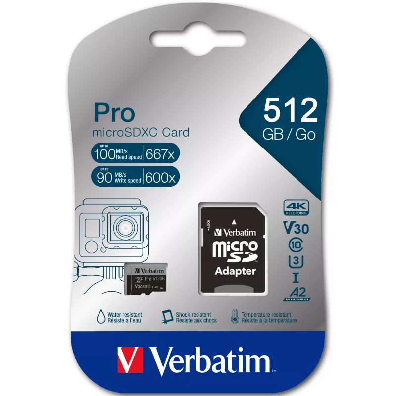 Verbatim Pro U3 512GB Micro SDXC-kaart, 512 GB, MicroSDXC, Class 10, UHS-I, 100 MB/s, 90 MB/s