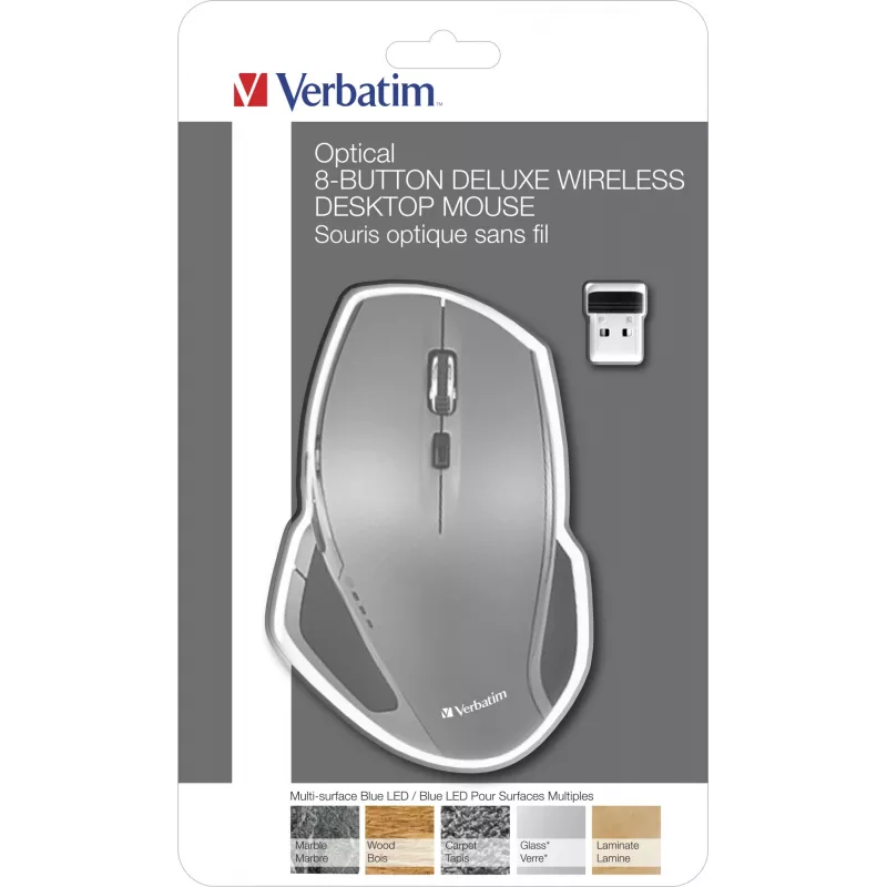Verbatim 8-knops draadloze Blue LED-muis, Blue LED, RF draadloos, 1600 DPI, zwart, grijs