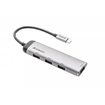 Verbatim USB-C multiport hub, vier poorten USB 3.2 Gen 1, USB 3.2 Gen 1 (3.1 Gen 1) Type-C, USB 3.2 Gen 1 (3.1 Gen 1) Type-A, 5000 Mbit/s, grijs, aluminium, kunststof, 0,15 m