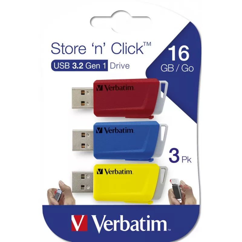 Verbatim Store 'n' Click - USB 2.0-station 3.2 GEN1 - 3x16 GB - rood/blauw/geel
