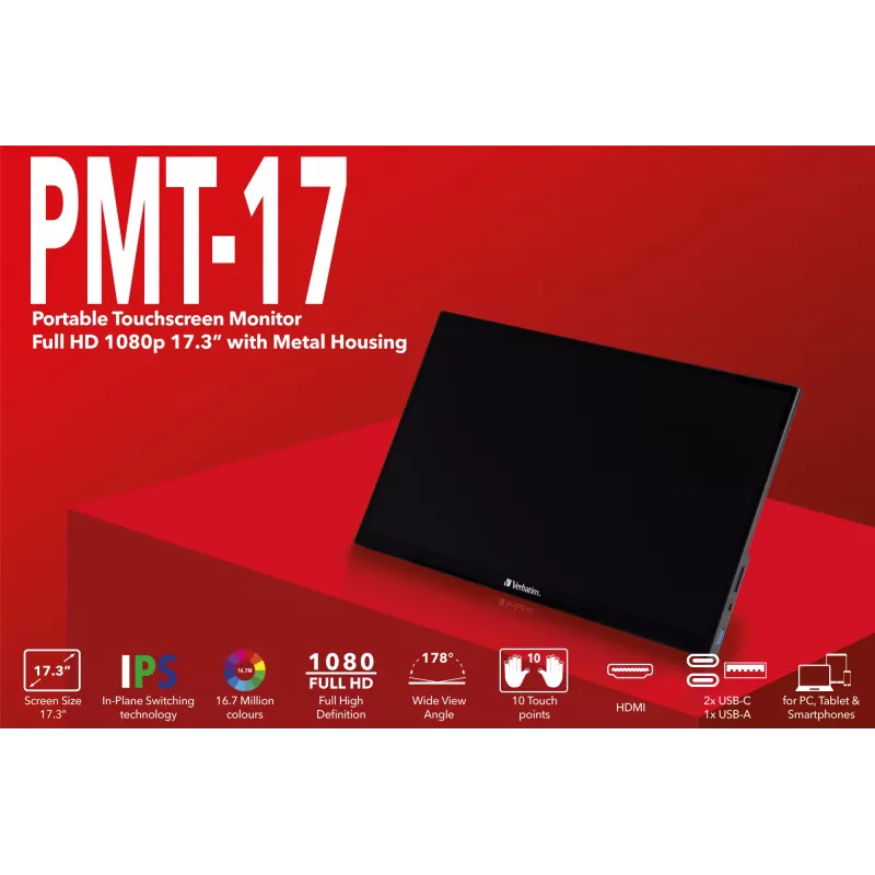 Verbatim 49593 computerbeeldscherm 43,9 cm (17,3 inch) 1920 x 1080 pixel Full HD LCD touchscreen zwart