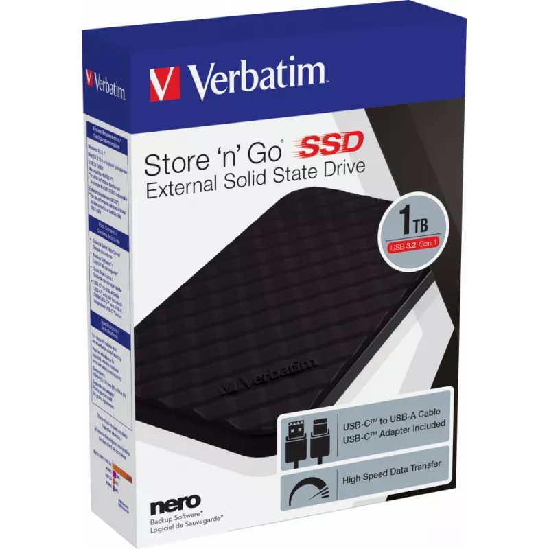 Verbatim Store 'n' Go draagbare SSD USB 3.2 GEN 1 1TB, 1 TB, USB Type-C, 3.2 Gen 1 (3.1 Gen 1), zwart
