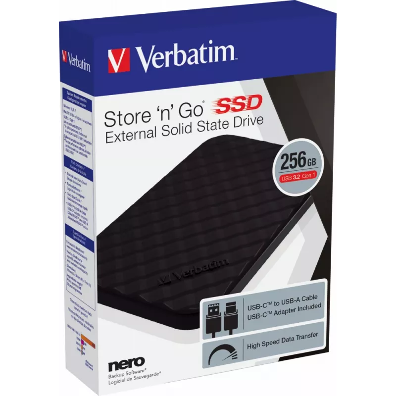Verbatim Store 'n' Go draagbare SSD USB 3.2 GEN 1 256GB, 256 GB, USB Type-C, 3.2 Gen 1 (3.1 Gen 1), zwart