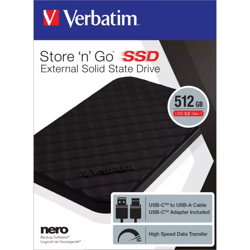 Verbatim Store 'n' Go draagbare SSD USB 3.2 GEN 1 512GB, 512 GB, USB Type-C, 3.2 Gen 1 (3.1 Gen 1), zwart