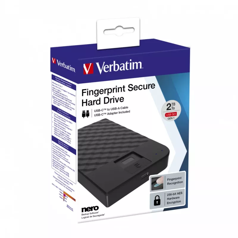 Verbatim Fingerprint Secure draagbare harde schijf 2TB, 2 TB, 3.2 Gen 1 (3.1 Gen 1), zwart