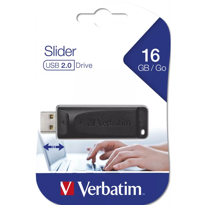 Verbatim Slider - USB-stick 16 GB - zwart, 16 GB, USB Type-A, 2.0, 10 MB/s, slide, zwart