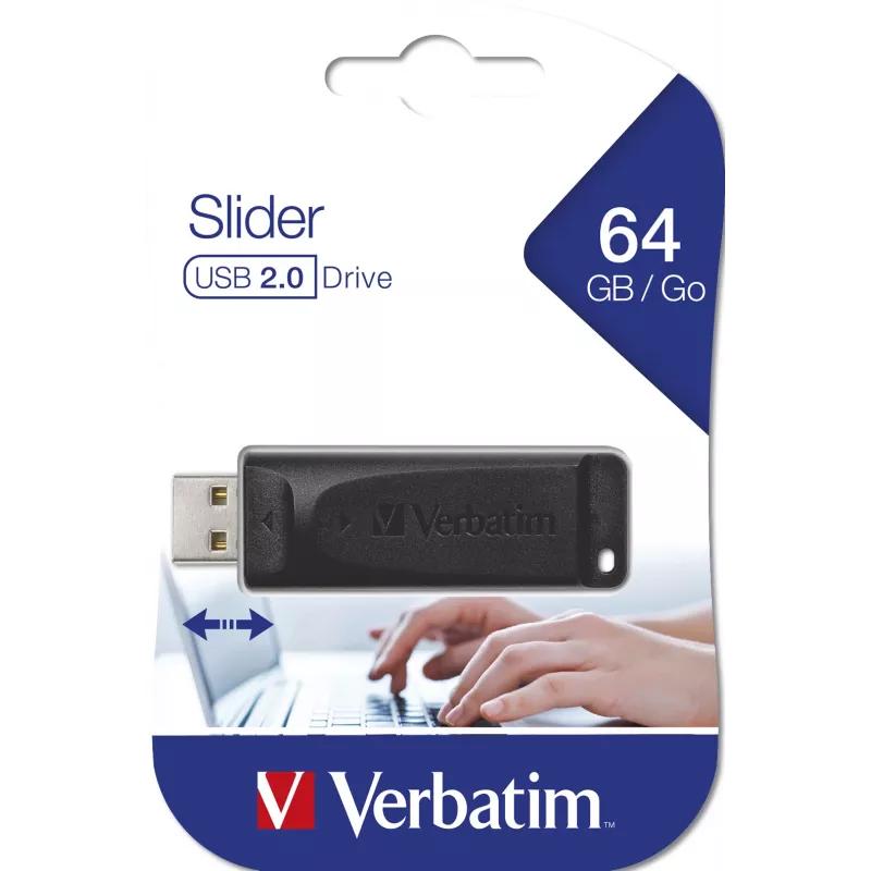 Verbatim Slider - USB-stick 64 GB - zwart, 64 GB, USB Type-A, 2.0, 10 MB/s, slide, zwart