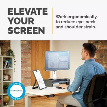 Fellowes computermonitorstandaard met 3 hoogtestanden - Designer Suites monitorverhoging met opbergvak - ergonomische verstelbare monitorstandaard voor computer - max. gewicht 18 kg / max. grootte 21 inch - zwart/parelwit