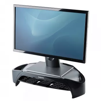 Fellowes computermonitorstandaard met 3 hoogte-instellingen – Smart Suites Monitor Riser Plus met opbergruimte – Ergonomische verstelbare monitorstandaard voor computer – Max. gewicht 10 kg/Max. formaat 21 inch – zwart