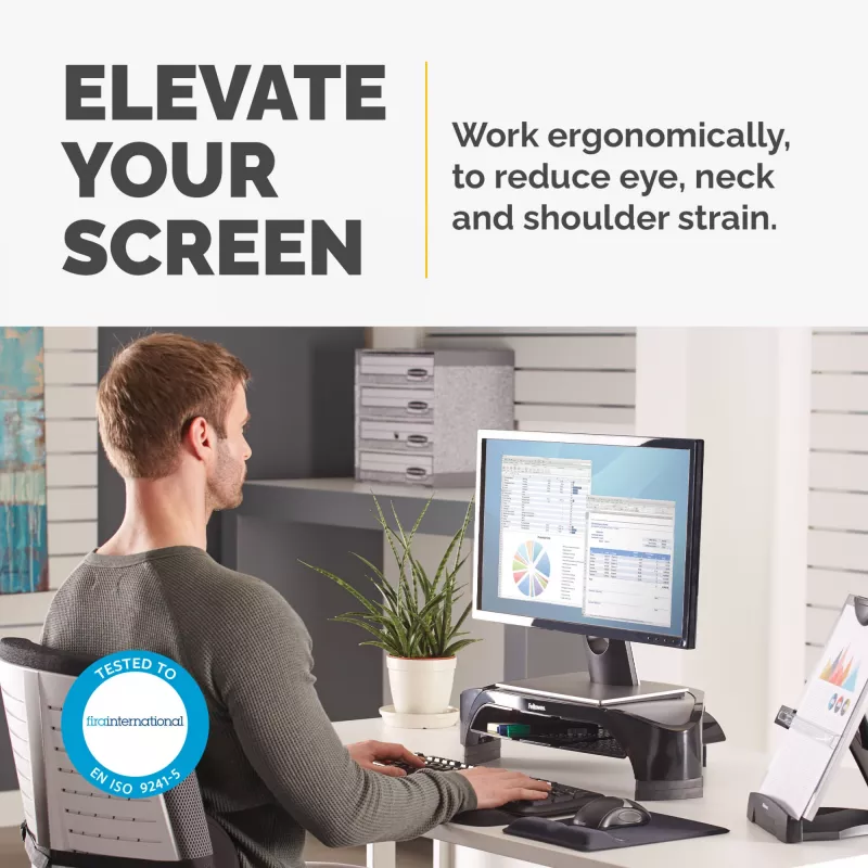 Fellowes computermonitorstandaard met 3 hoogte-instellingen – Smart Suites Monitor Riser Plus met opbergruimte – Ergonomische verstelbare monitorstandaard voor computer – Max. gewicht 10 kg/Max. formaat 21 inch – zwart