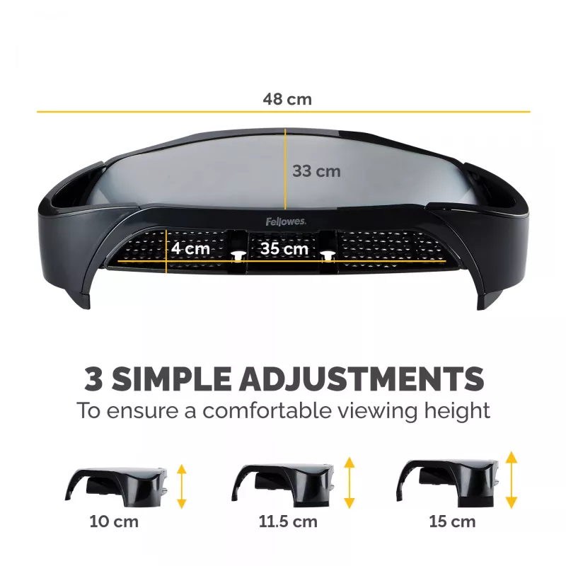 Fellowes computermonitorstandaard met 3 hoogte-instellingen – Smart Suites Monitor Riser Plus met opbergruimte – Ergonomische verstelbare monitorstandaard voor computer – Max. gewicht 10 kg/Max. formaat 21 inch – zwart