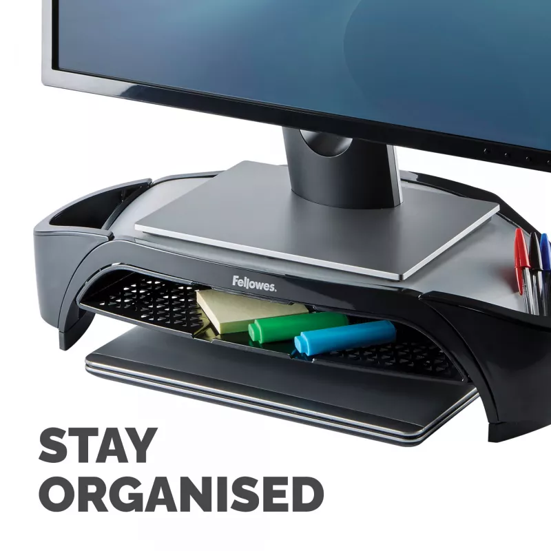 Fellowes computermonitorstandaard met 3 hoogte-instellingen – Smart Suites Monitor Riser Plus met opbergruimte – Ergonomische verstelbare monitorstandaard voor computer – Max. gewicht 10 kg/Max. formaat 21 inch – zwart