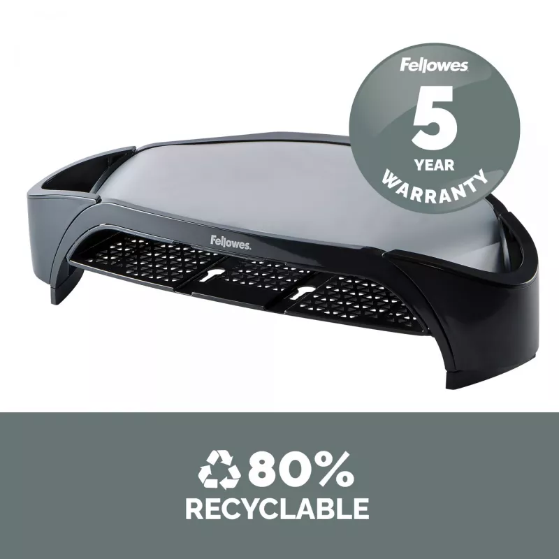Fellowes computermonitorstandaard met 3 hoogte-instellingen – Smart Suites Monitor Riser Plus met opbergruimte – Ergonomische verstelbare monitorstandaard voor computer – Max. gewicht 10 kg/Max. formaat 21 inch – zwart