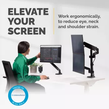 Fellowes Platinum Series dual stacking monitorarm – monitorhouder voor twee beeldschermen van 8 kg en 27 inch – verstelbare dubbele monitor tafelhouder – kantelen 45° zwenken 180° draaien 360° rotatie 360°, VESA 75 x 75/100 x 100 – zwart