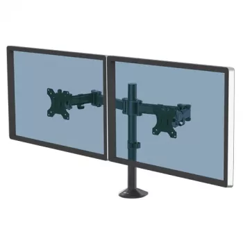 Fellowes Reflex dubbele monitorarm – dubbele monitorhouder voor 8 kg zware 27 inch beeldschermen – verstelbare monitor-bureauhouder – kanteling 45° zwaaien 180° rotatie 360°, VESA 75 x 75/100 x 100 – zwart