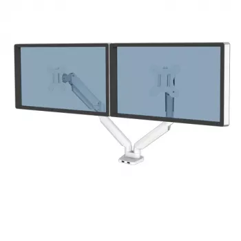Fellowes Platinum Series dubbele monitorarm – monitorhouder voor twee 8 kg zware 40 inch beeldschermen – verstelbare dubbele monitor-bureauhouder – kanteling 45°, zwaaien 180°, draaien 360°, rotatie 360°, VESA 75 x 75/100 x 100 – wit