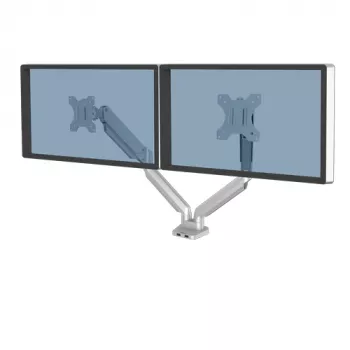 Fellowes Platinum Series dubbele monitorarm – monitorhouder voor twee 8 kg 40 inch beeldschermen – verstelbare dubbele monitor-bureauhouder – kanteling 45° zwaaien 180ᵒ rotatie 360ᵒ, VESA 75 x 75/100 x 100 – zilver