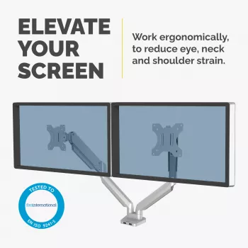 Fellowes Platinum Series dubbele monitorarm – monitorhouder voor twee 8 kg 40 inch beeldschermen – verstelbare dubbele monitor-bureauhouder – kanteling 45° zwaaien 180ᵒ rotatie 360ᵒ, VESA 75 x 75/100 x 100 – zilver