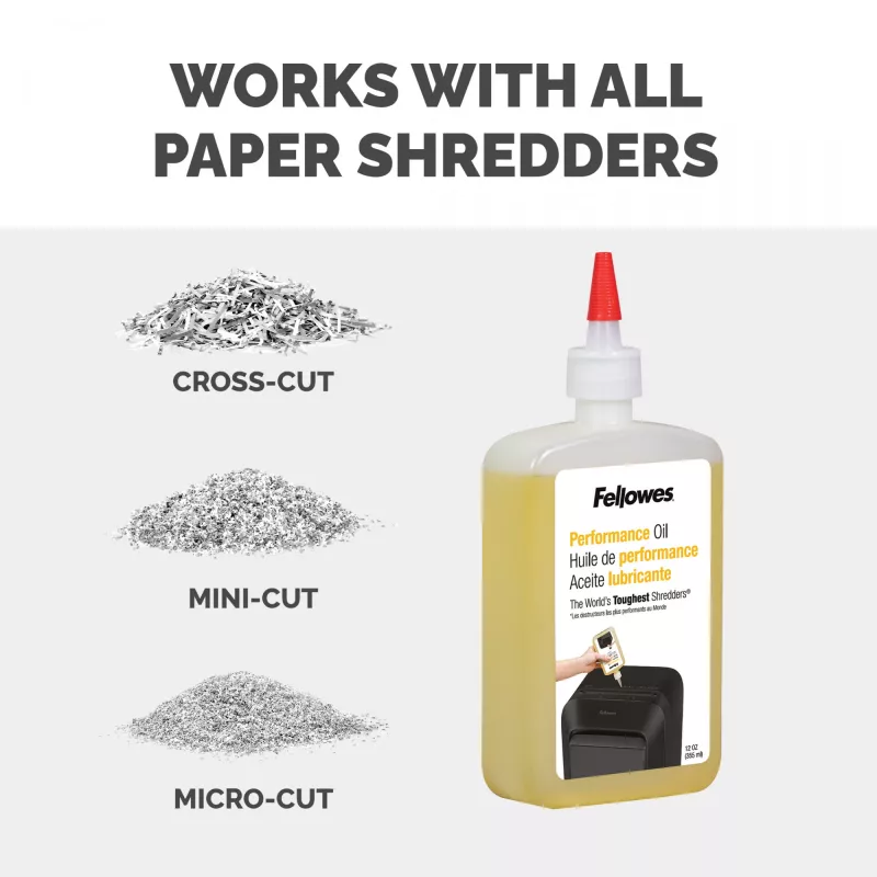 Fellowes Powershred flessensmeermiddel (355 ml), smeerolie, 0,355 l, geel, 90 mm, 35 mm, 20 mm
