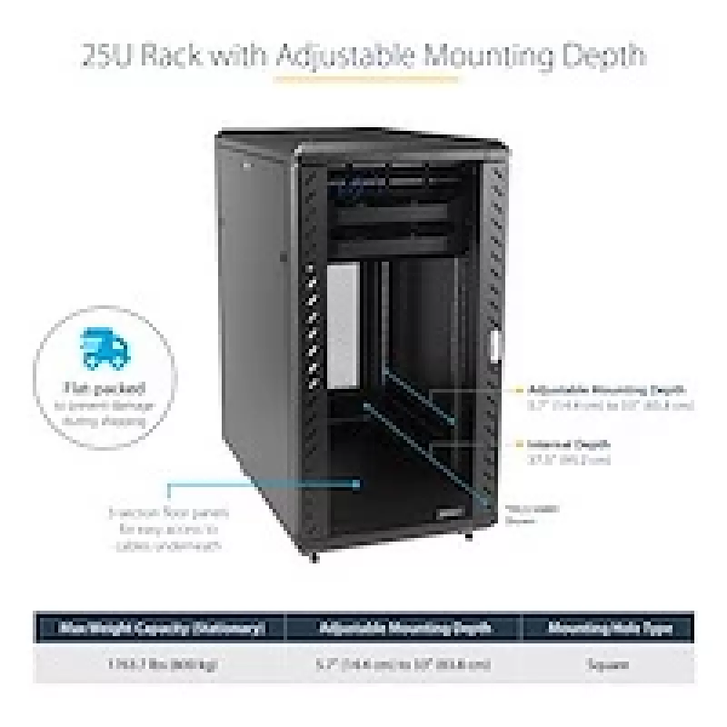StarTech.com 4-posts 25U serverrackkast, afsluitbare 19 inch datarackkast voor computer-/AV-/IT-apparatuur, kantoor-/thuisnetwerkrack met wielen en verstelbare montagerails