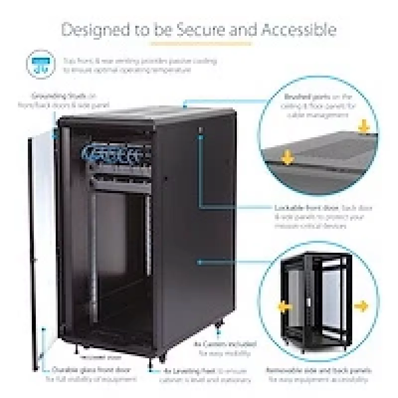 StarTech.com 4-posts 25U serverrackkast, afsluitbare 19 inch datarackkast voor computer-/AV-/IT-apparatuur, kantoor-/thuisnetwerkrack met wielen en verstelbare montagerails