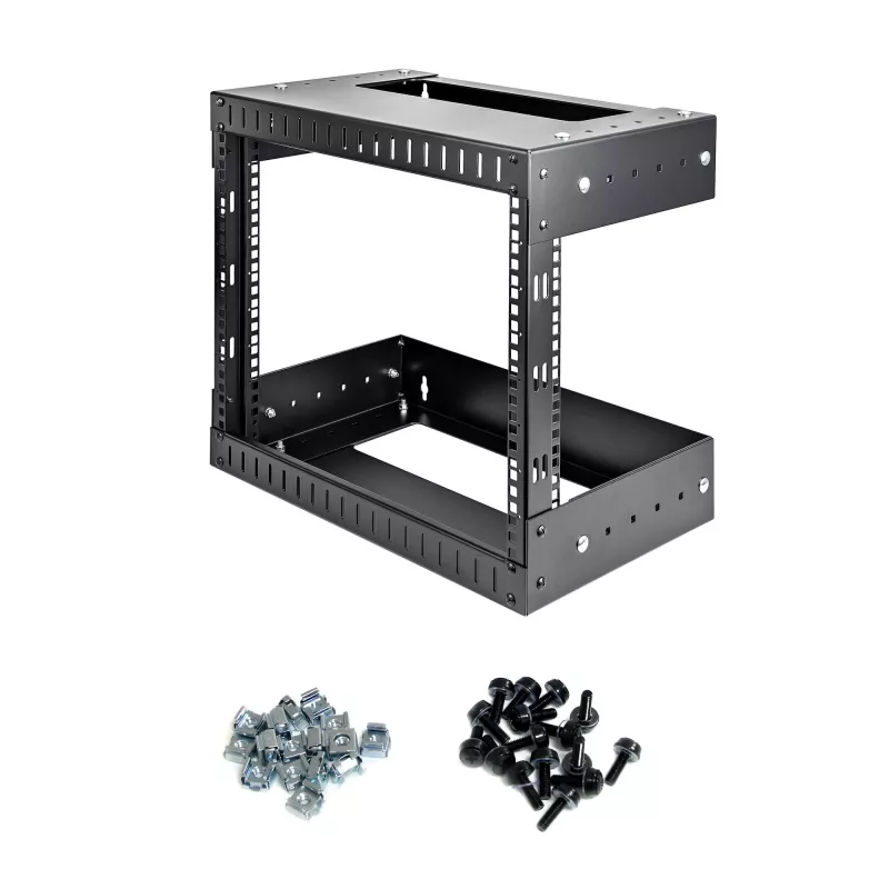 StarTech.com 8U 19 inch wandmontage netwerkrack – verstelbare diepte 12–20 inch 2-posts open-frame serverruimterack voor AV-/data-/IT-communicatie-/computerapparatuur/switch met kooimoeren en schroeven