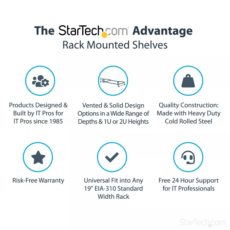 StarTech.com 2U serverrack-legbord – universeel uitschuifbaar rackmontagebord voor 19-inch netwerkapparatuurrack en -kast – hoogbelastbaar staal – draagvermogen 22,6 kg – 22 inch diepe lade, zwart