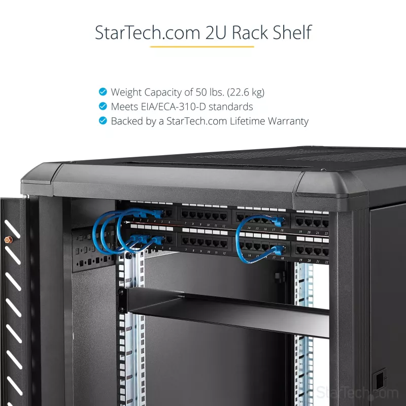 StarTech.com 2U serverrack-legbord – universeel uitschuifbaar rackmontagebord voor 19-inch netwerkapparatuurrack en -kast – hoogbelastbaar staal – draagvermogen 22,6 kg – 22 inch diepe lade, zwart