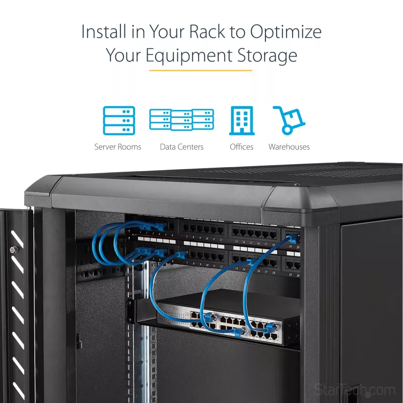 StarTech.com 2U serverrack-legbord – universeel uitschuifbaar rackmontagebord voor 19-inch netwerkapparatuurrack en -kast – hoogbelastbaar staal – draagvermogen 22,6 kg – 22 inch diepe lade, zwart