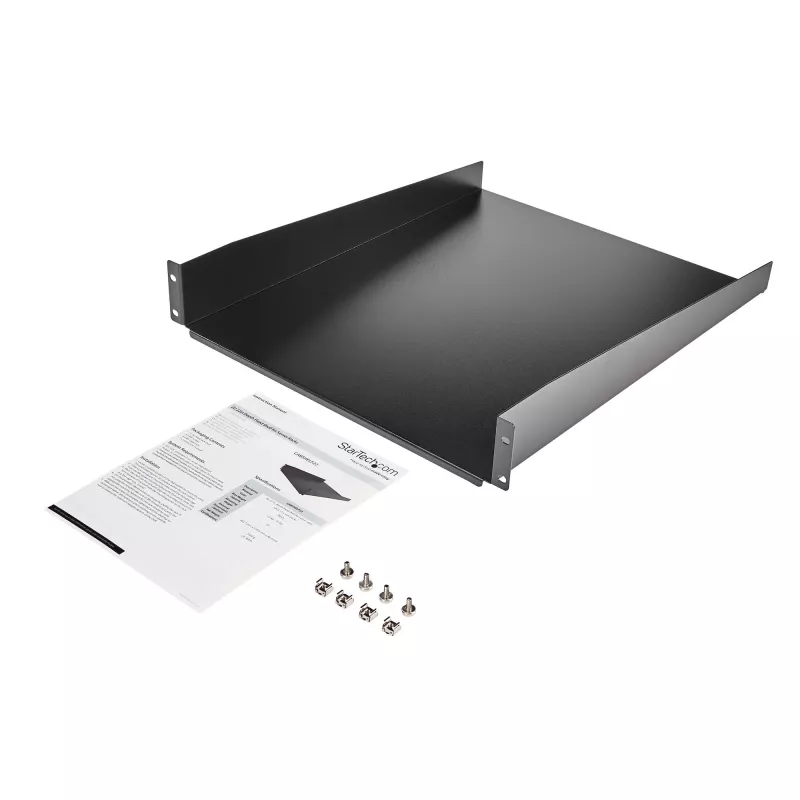 StarTech.com 2U serverrack-legbord – universeel uitschuifbaar rackmontagebord voor 19-inch netwerkapparatuurrack en -kast – hoogbelastbaar staal – draagvermogen 22,6 kg – 22 inch diepe lade, zwart