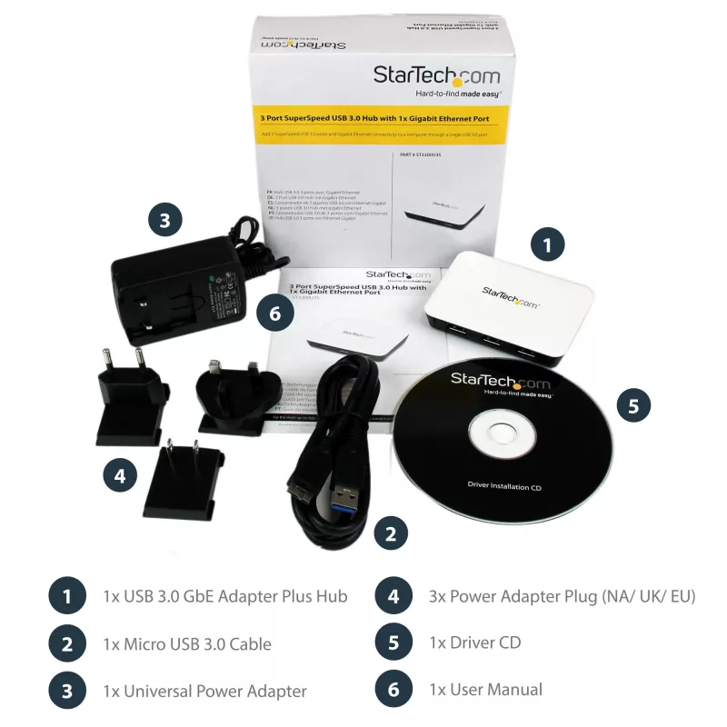 StarTech.com USB 3.0 naar Gigabit Ethernet NIC netwerkadapter met 3-poorts hub - wit