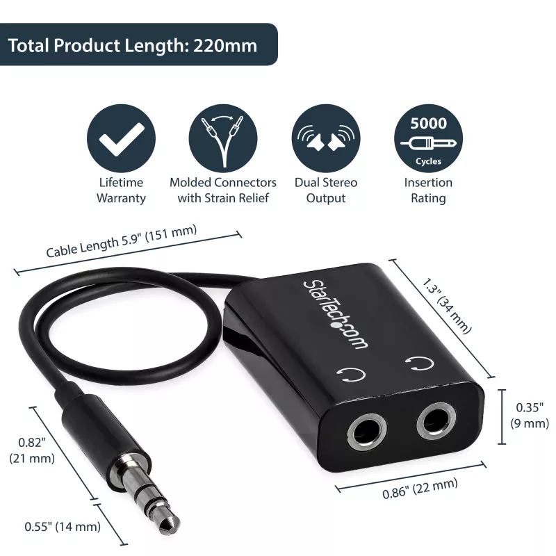 StarTech.com zwarte slanke mini-jack hoofdtelefoon-splitterkabel-adapter – 3,5 mm stekker naar 2x 3,5 mm bus