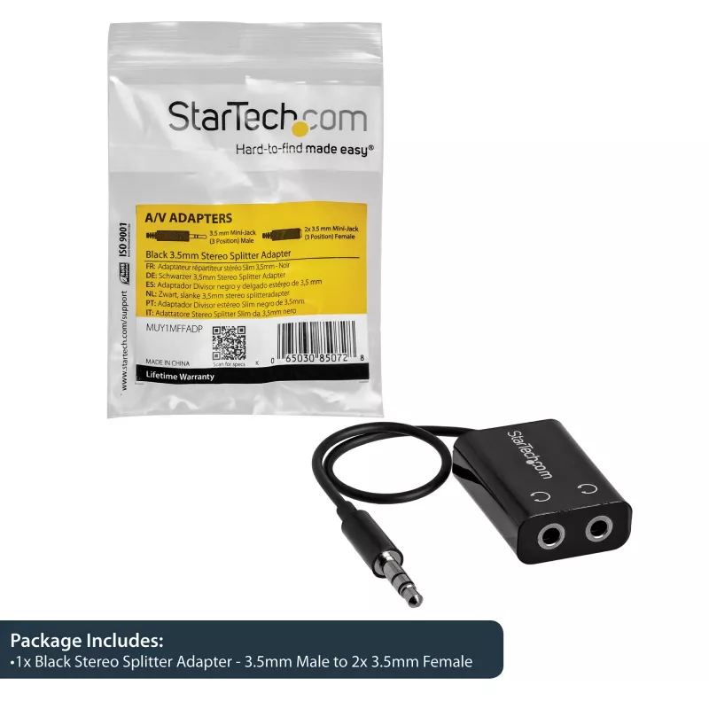 StarTech.com zwarte slanke mini-jack hoofdtelefoon-splitterkabel-adapter – 3,5 mm stekker naar 2x 3,5 mm bus