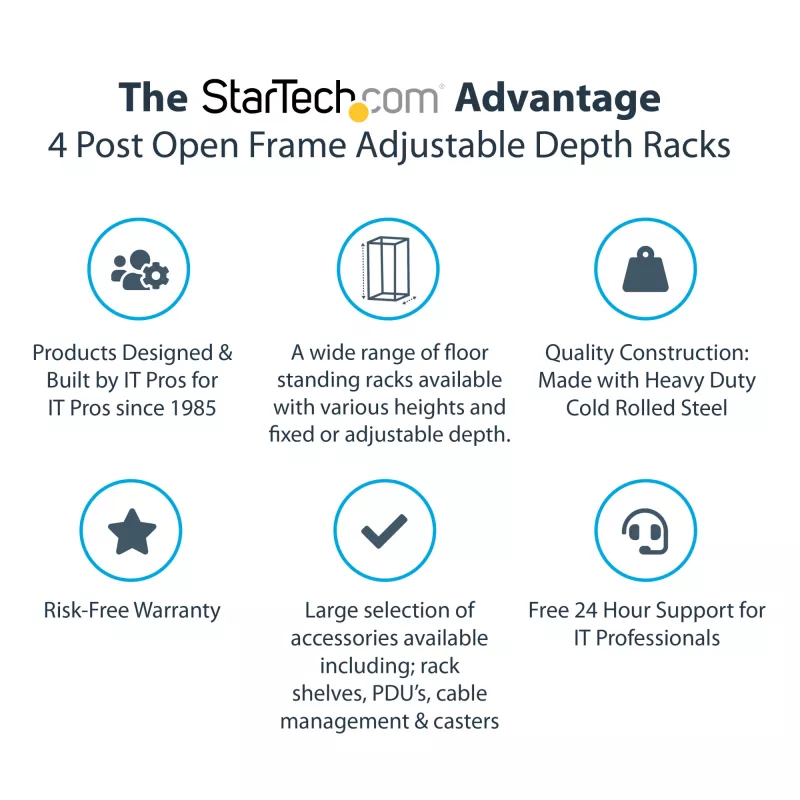 StarTech.com 4-paals 42U mobiel open-frame serverrack, vierpaals 19 inch netwerkrack met wielen, rolbaar rack met verstelbare diepte voor computer-/AV-/data-/IT-apparatuur – wielen, stelvoeten of vloermontage