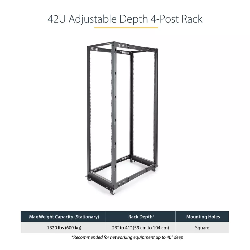 StarTech.com 4-paals 42U mobiel open-frame serverrack, vierpaals 19 inch netwerkrack met wielen, rolbaar rack met verstelbare diepte voor computer-/AV-/data-/IT-apparatuur – wielen, stelvoeten of vloermontage