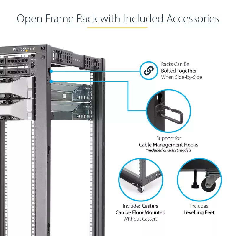 StarTech.com 4-paals 42U mobiel open-frame serverrack, vierpaals 19 inch netwerkrack met wielen, rolbaar rack met verstelbare diepte voor computer-/AV-/data-/IT-apparatuur – wielen, stelvoeten of vloermontage
