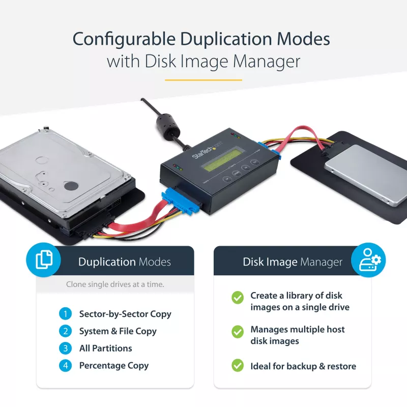 StarTech.com 1:1 standalone harde-schijf-duplicator met disk-image-manager voor back-up en herstel, meerdere disk-images opslaan op één 2,5/3,5 inch SATA-station, HDD/SSD-kloonapparaat, geen pc nodig