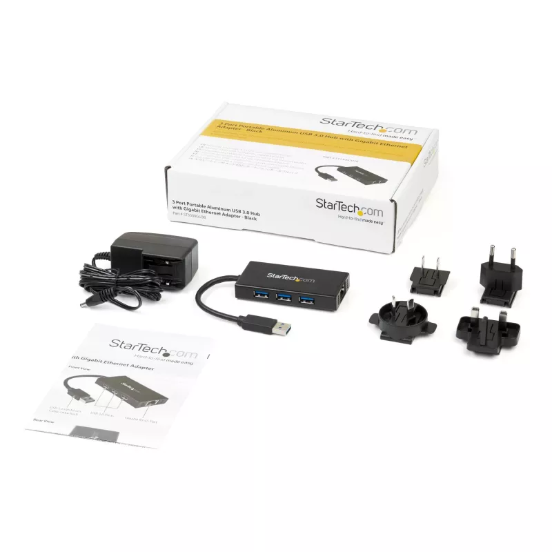 StarTech.com 3-poorts draagbare USB 3.0-hub met Gigabit Ethernet - aluminium met geïntegreerde kabel~3-poorts draagbare USB 3.0-hub met Gigabit Ethernet - 5 Gbit/s - aluminium met geïntegreerde kabel