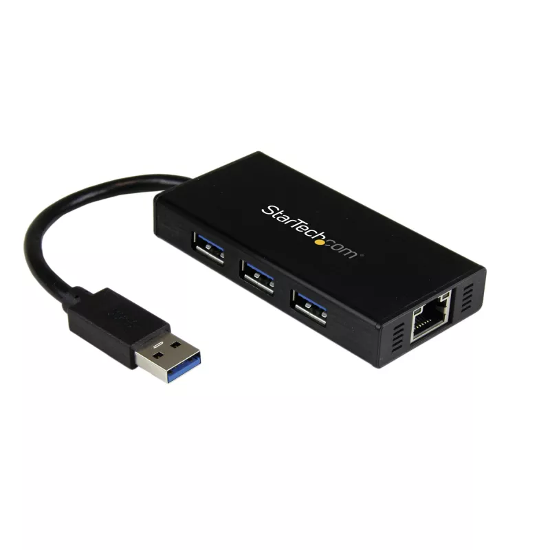 StarTech.com 3-poorts draagbare USB 3.0-hub met Gigabit Ethernet - aluminium met geïntegreerde kabel~3-poorts draagbare USB 3.0-hub met Gigabit Ethernet - 5 Gbit/s - aluminium met geïntegreerde kabel
